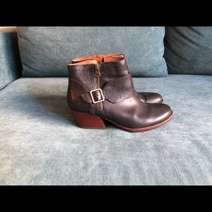 Kork-ease black booties with brown leather covered heel.